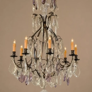 A very impressive Louis XV style chandelier with eight lights and beautiful amethyst coloured drops