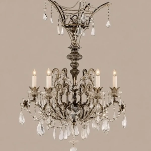 An elaborately decorated, silver plated metal chandelier in the 18th century style