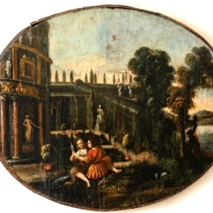 A charming scene with two women in a garden, watching two cavalry men in a mirror. Oil on panel. Italian school, early 17th century.