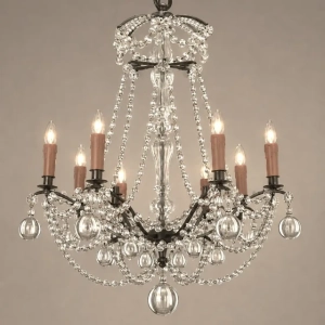 An attractive, 6 light bedroom chandelier, with garlands of pearl shaped crystals