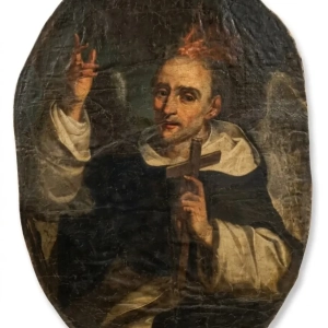 A very decorative painting of Saint Vincent Ferrer. He is depicted with wings and a burning flame atop his head, pointing to heaven and holding a crucifix.