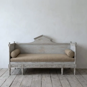 A desirable, Gustavian style sofa. A fine example typical of the elegantly restrained Gustavian style. Distressed paint finish. Sweden, 19th century.