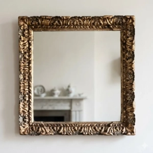 A very decorative gilded mirror. Gilded and faux marble carved leaves surround a very deep square frame