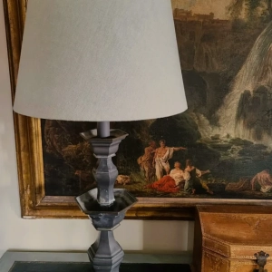 A stylish hexagonal, tiered pewter lamp from an antique candle stand. Early 20th century.