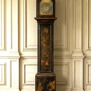 An attractive longcase clock with Chinoiserie design on black lacquer.