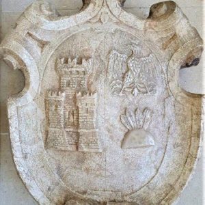 large marble coat of arms 19th century depicting heraldic weapon with tower and eagle within a cartouche with scrolls